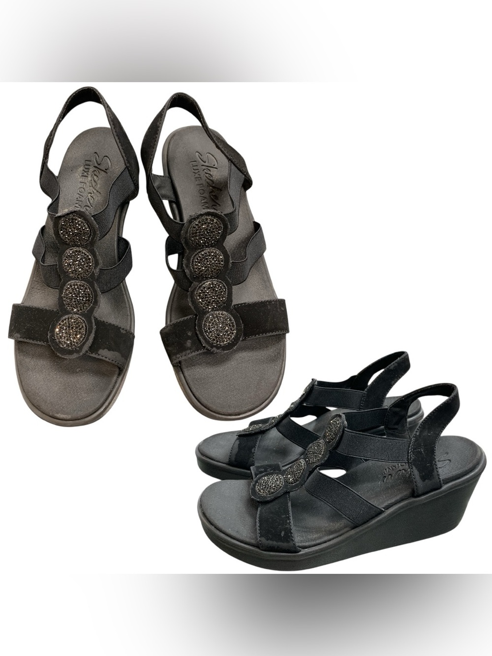 Skechers Black Sparkle Medallion Wedge Sandals S7.5